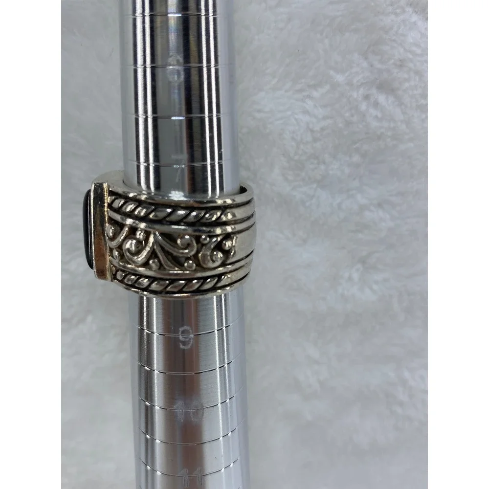 Vintage Sterling Silver 925‎ Ring with Black Onyx Stone Ornate Band